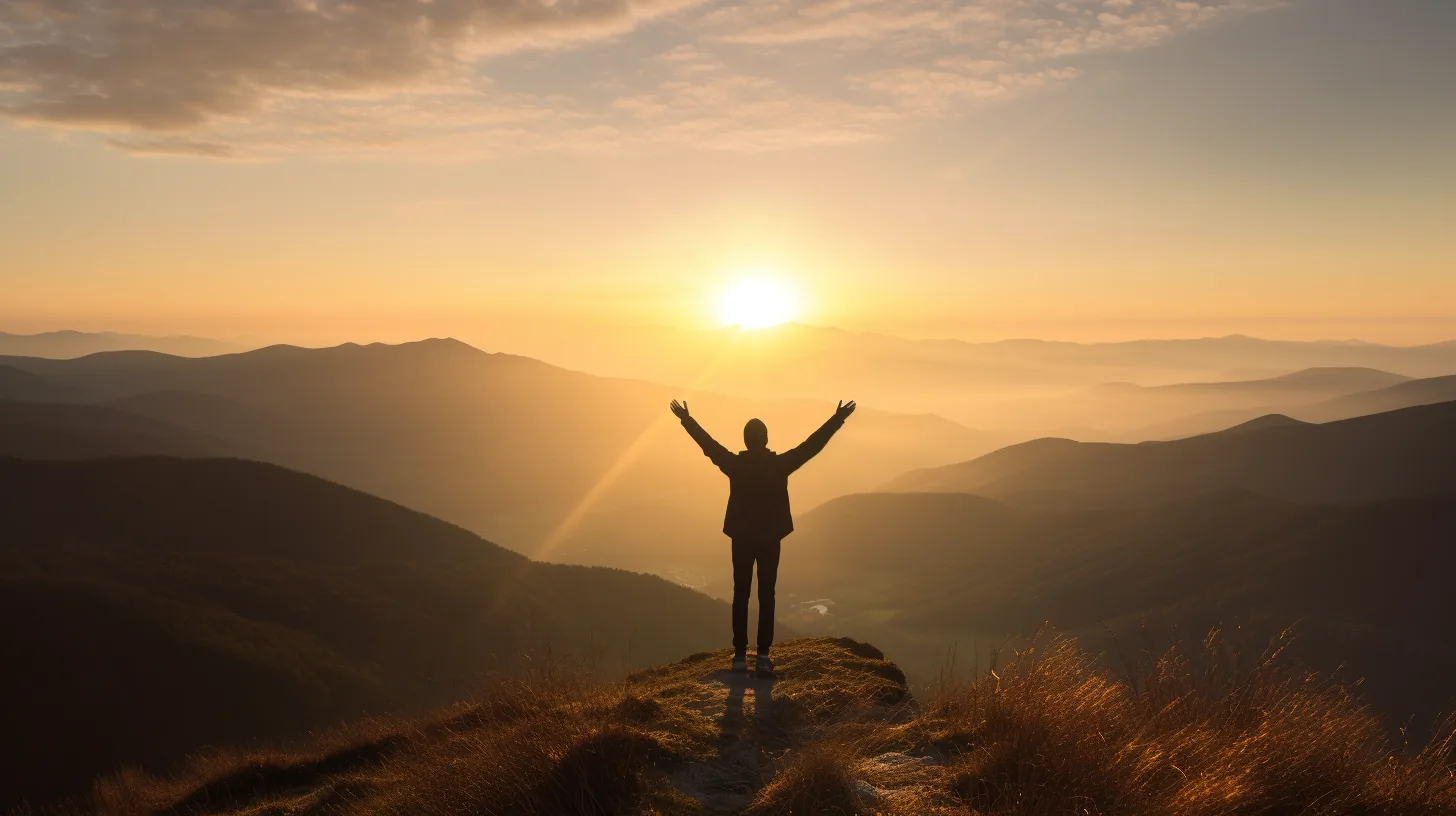 Bildmotiv: eine Person auf einem Berggipfel im Morgenlicht
