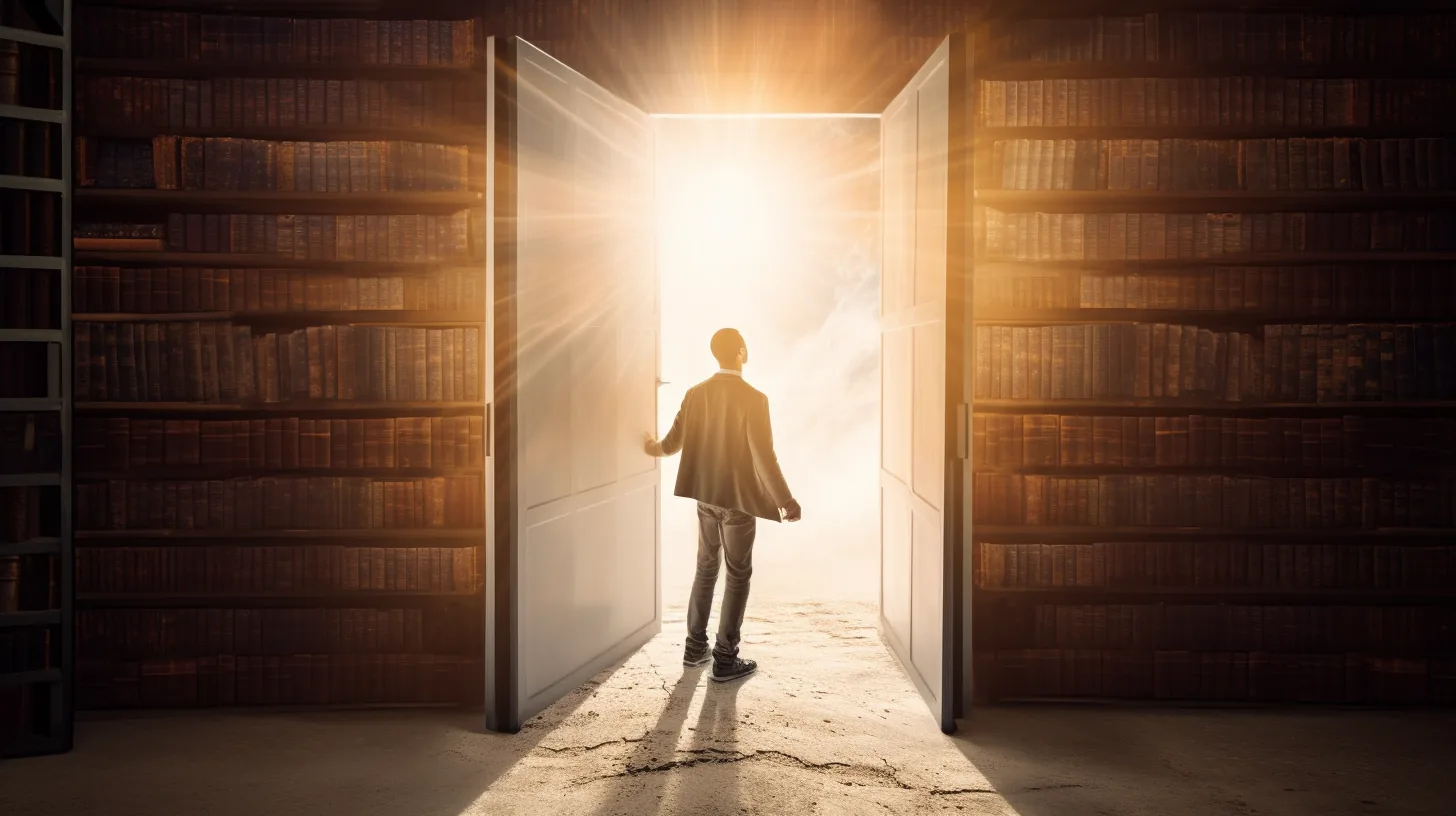 Bildmotiv: eine leuchtende Tür in einer Wand aus Büchern